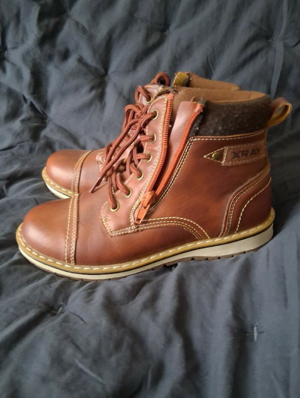 Boy's Brown Leather Lace-Up Zip Boots Size 3.5